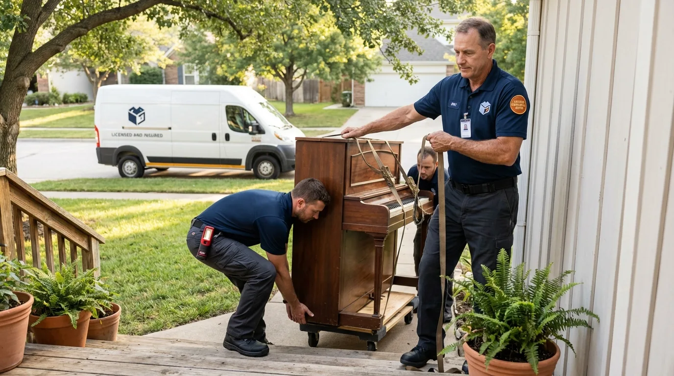 Licensed piano movers securing grand piano in Mountville, PA