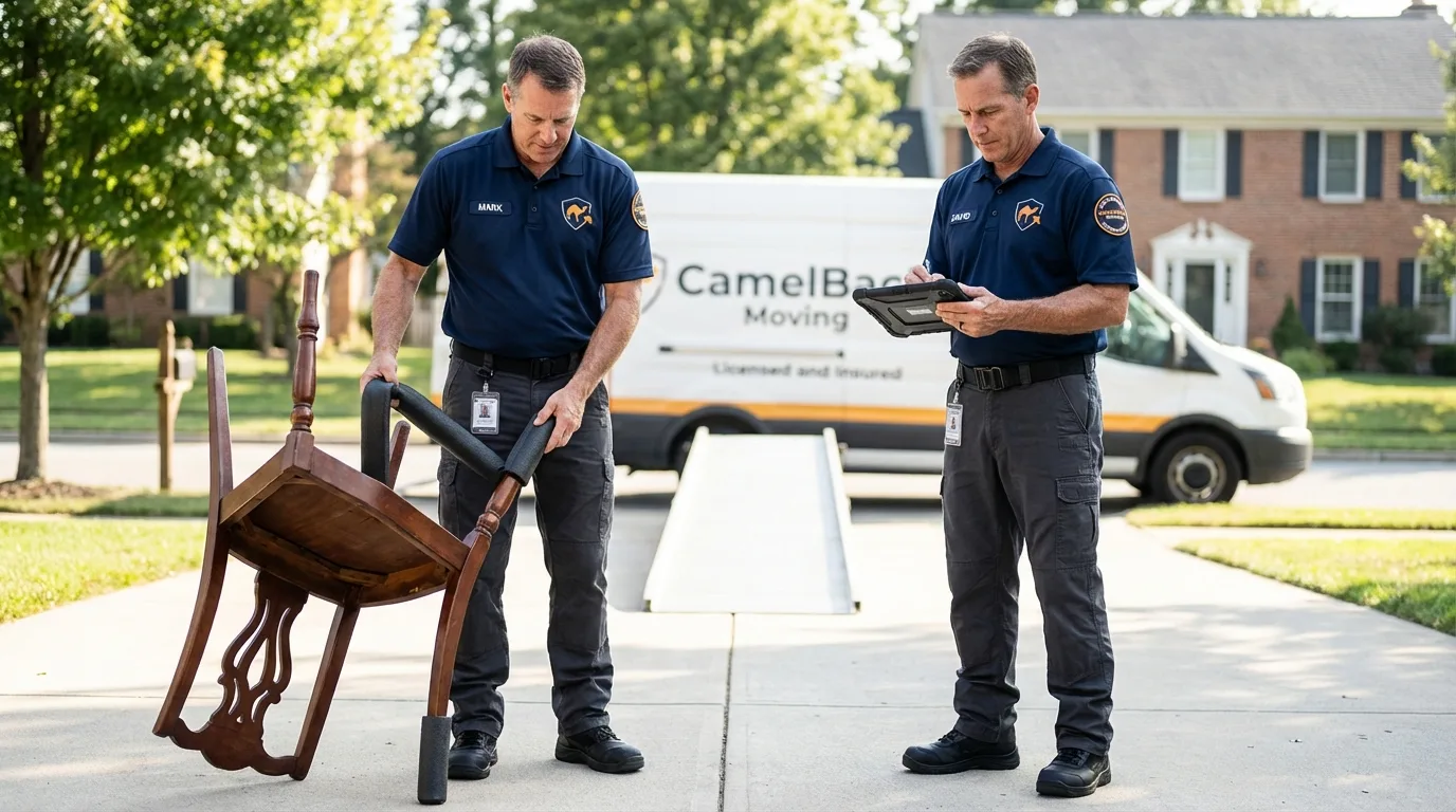 Movers inspecting furniture for damage prevention before loading in Mountville, PA