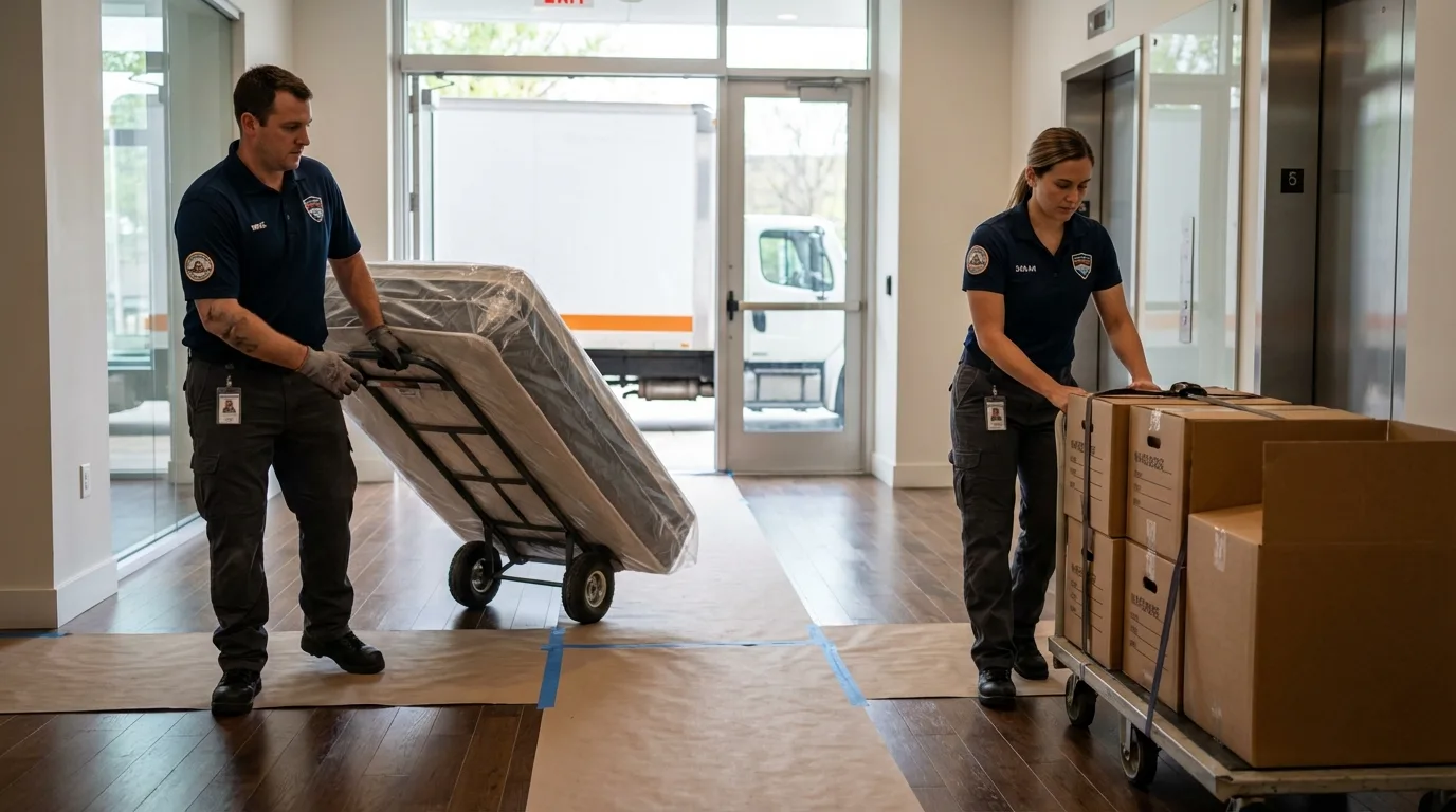 Professional apartment movers loading elevator in Mountville, PA